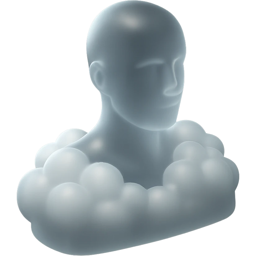 person looking straight ahead, shoulders filled with convex white fluffy clouds, matte glass style emoji