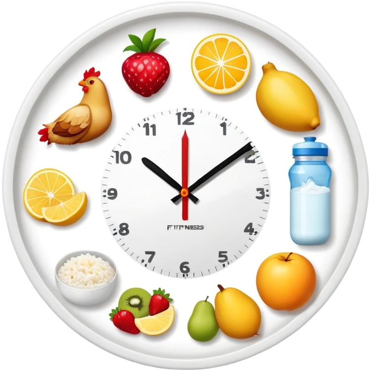 Daily fitness nutrition schedule with water bottle, sun, chicken and rice plate, gym equipment, yogurt, fruit, and sleep symbol arranged in a circle like a clock emoji