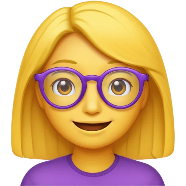 un emojis amarillo, con el cabello corto y lacio, con lentes violeta y una sonrisa emoji