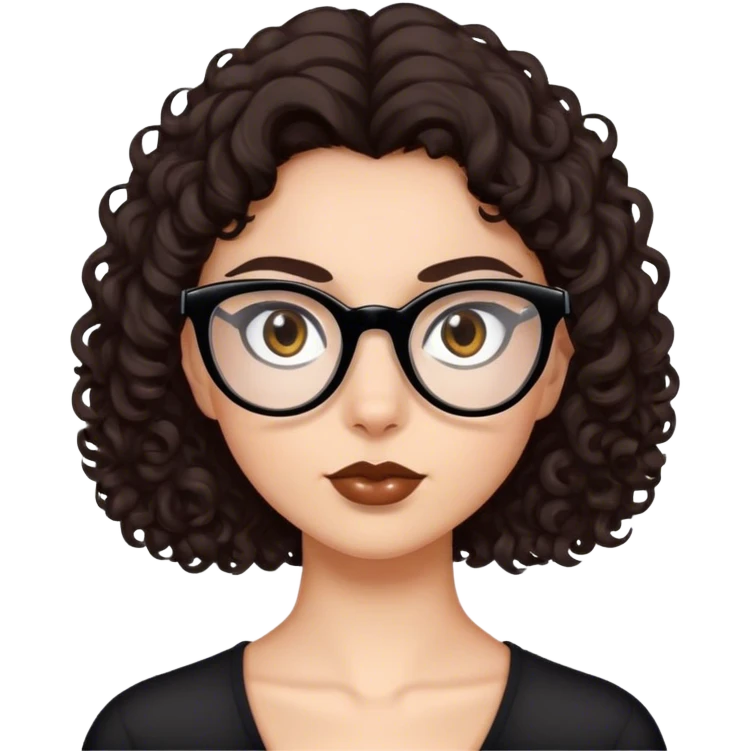 dark brown curly hair fair skin brown eyebrows brown eyes black cat eye glasses emoji