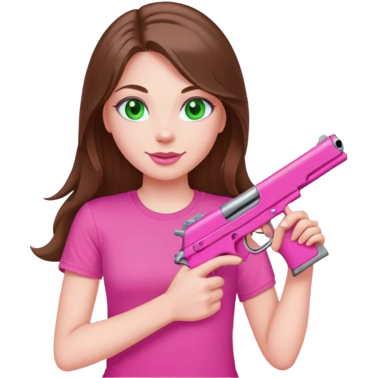 mid sized white skinned girl with green eyes and long brown holding a pink gun smiling in a pink t-shirt with pink lips emoji