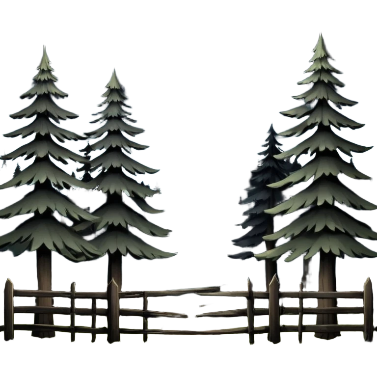 a dark, brooding forest at night, with large looming fir trees. in front of the forest is a dilapidated old farm fence. emoji