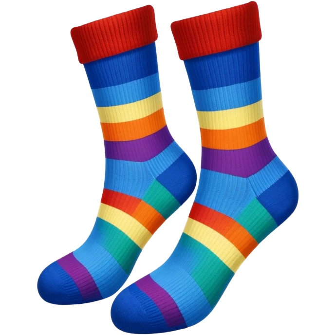 rainbow hand knit socks with royal blue colored heel and toe emoji