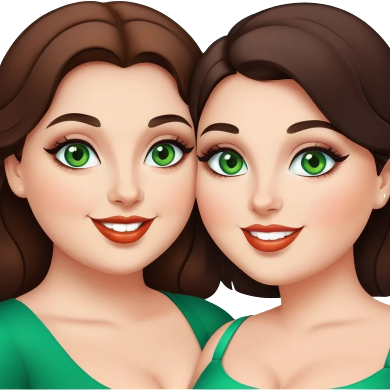 Happy curvy sisters, brunettes, green eyes, makeup emoji
