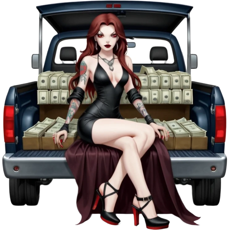 Lilith model red eye seductress evil long brown haired sexy succubus woman with leather long dress with slit, sitting in Big Large F350 pickup truck. Black Platform high heels on feet. Tattoo sleeve arms, seat full of stacks of cash, and a man dead human skull of her enemies and a gun in other hand emoji