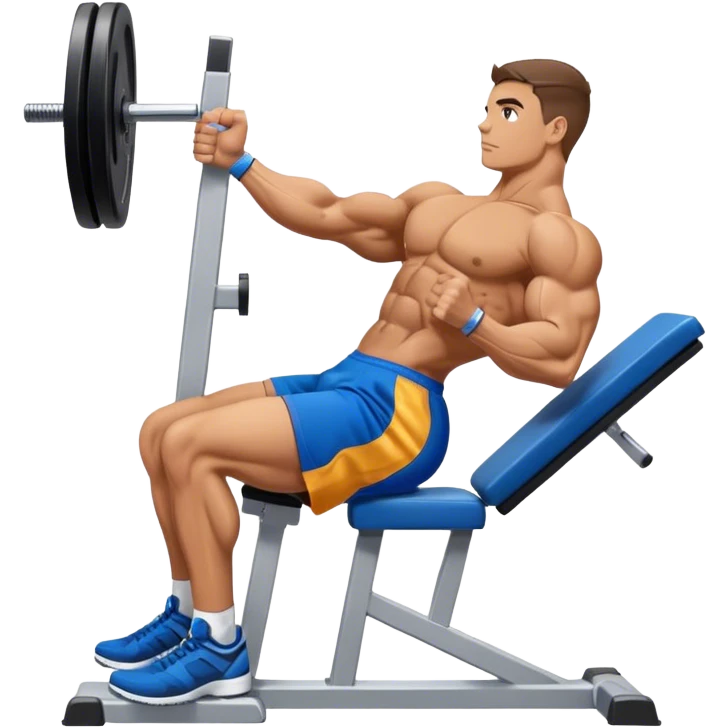 side-view bodybuilder in blue shorts seated weighted calf-raise machine on his tip toes emoji