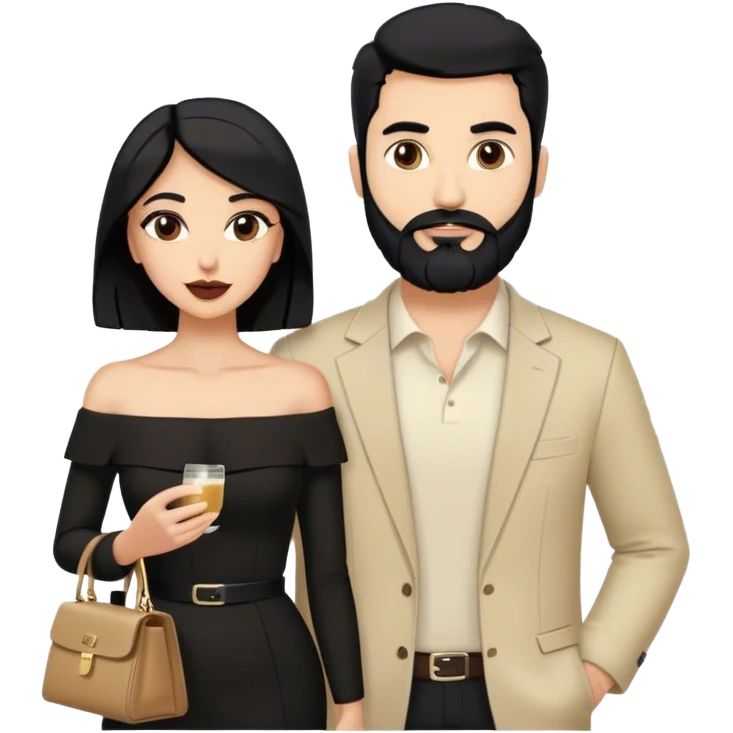 the Lebanese white skinned man with black hair and beard dressed in all black, and the Palestinian woman in an elegant off-shoulder cream-colored outfit with a handbag. emoji