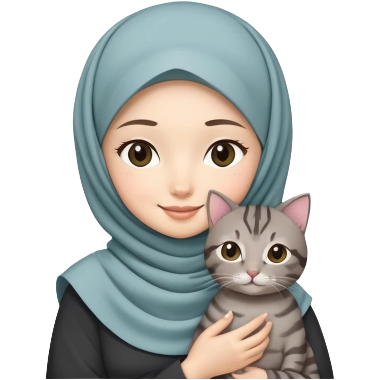 Asian white girl wearing hijab with dress holding a black grey tabby cat while smiling emoji