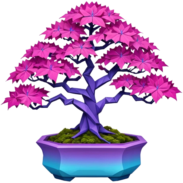 Futuristic wild alien maples Bonsai hair-fine-leaf group crimson crystal azalea purple and cream pink blue forest planting in shallow origami style pot  emoji