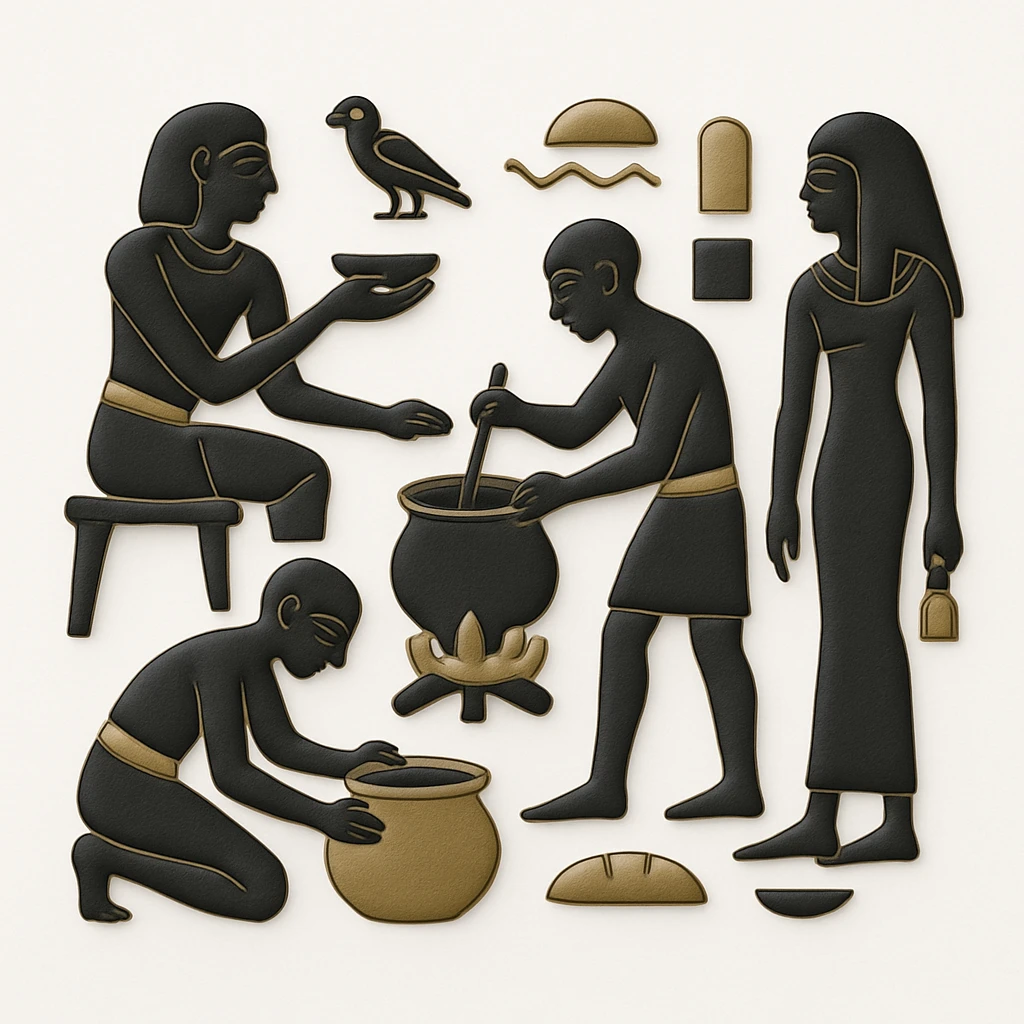 ancient Egyptian cooking scene in hieroglyphic style emoji