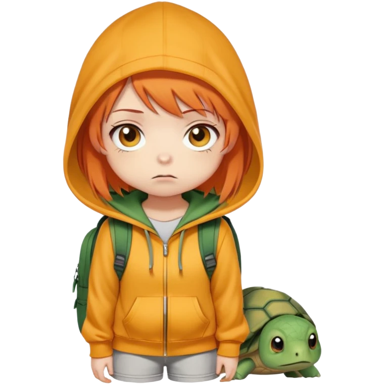 The image emoticon depicts a full-body drawing of a girl in a chibi style—she has a big head and a small body, with large, expressive eyes. She has short, orange hair with bangs and looks slightly sad or worried.  

She is wearing a simple yellow hoodie without zippers or buttons, with a hood designed to look like a turtle's head, giving her a cute and cozy appearance. She also carries a backpack that resembles a turtle shell on her back. The drawing is minimal, sketchy, and cute, without small details, as it is meant to be an emoticon. minimal sketchy emoji