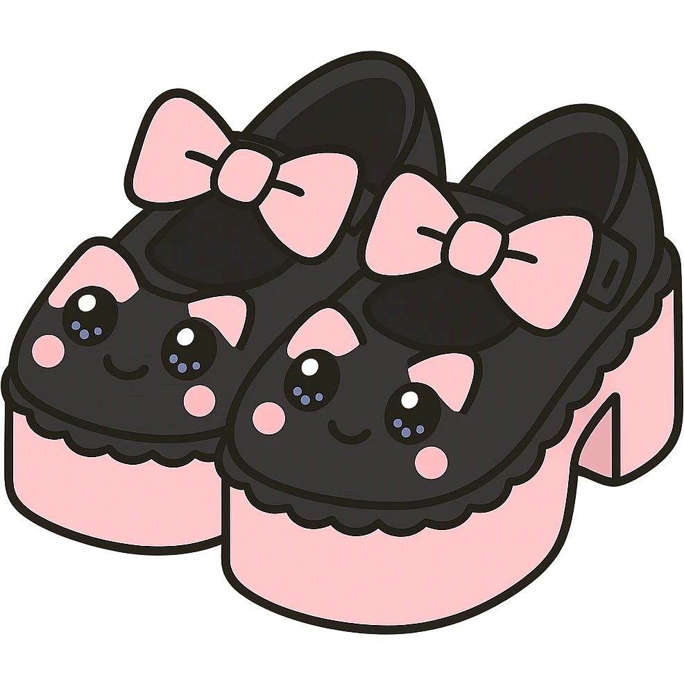 Refine the kawaii BLACKPINK-inspired gothic shoes by adding a large cute bow as the main motif, keeping the scalloped edge detail. Emphasize the black and pink color contrast, playful and stylish, no hearts, transparent background. emoji