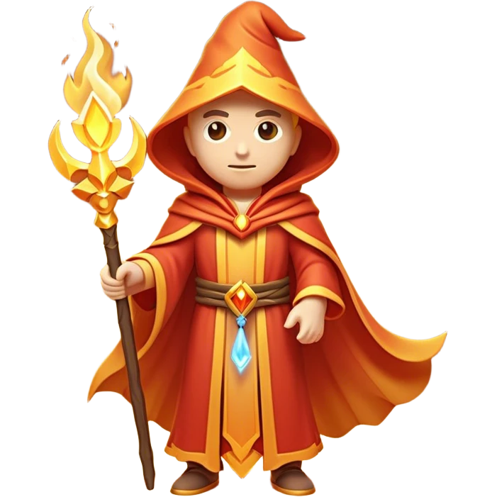 Clash of Clans aesthetic: Cinematic heroic powerful fire Wizard Hero  close up Emoji, rendered in a 3D vector-style similar to standard emojis with minimal shading and bold, simplified shapes. A compact, isometric figure draped in flowing enchanted robes and wielding a mystical staff, softly glowing with an arcane magical charm. Simplified yet unmistakably iconic, highly detailed and consistent, glowing with a soft radiant glow and high shine. Stylized with a touch of whimsical sorcery and a soft glowing outline, capturing the essence of a powerful wizard ready to cast spells with a friendly, playful spirit! emoji