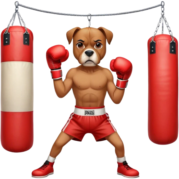 A determined boxer dog wearing red boxing gloves, practicing punches on a punching bag, with a focused expression, in a gym setting, cartoon style, vibrant colors, simple and clean design. emoji