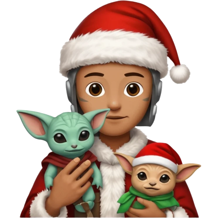 mandalorian holding grogu wearing santa hat emoji