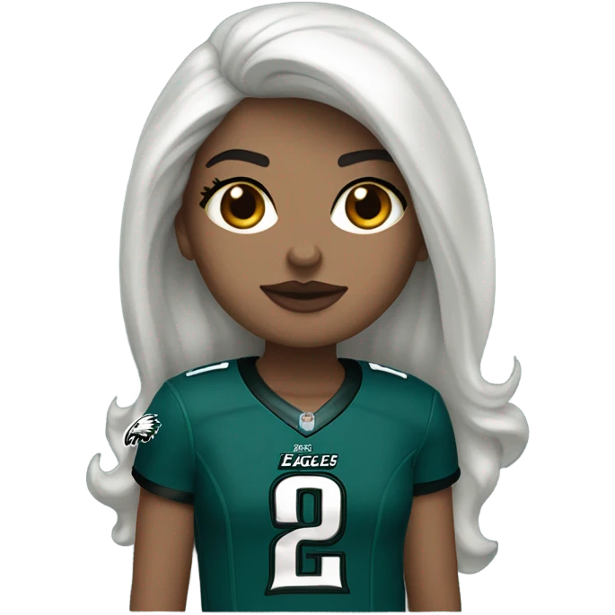 White female long dark hair red lips wearing Philadelphia Eagles jersey emoji