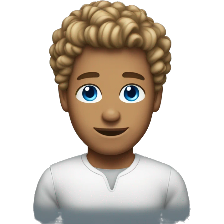 Tanned man, blue eyes, short hair on sides curly on top.  emoji