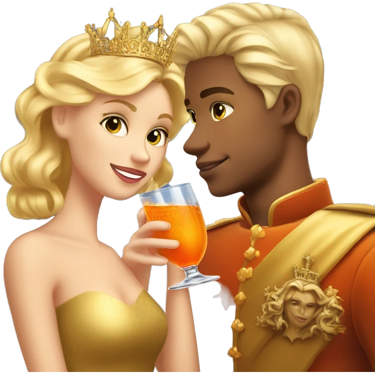 beautiful blond princess with crown in a golden dress and a beautiful blond prince drinking aperol emoji