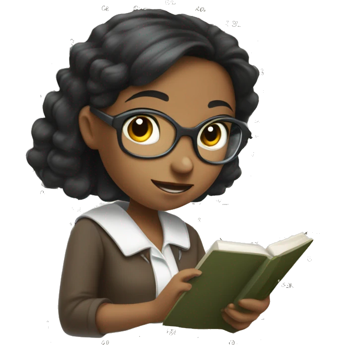 Black haired girl doing statistic math, smart looing, with a book and calculator in front of her. Math and numbers spinning around her head emoji