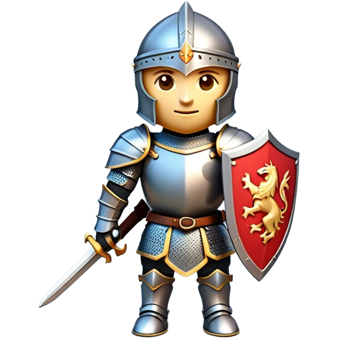 Clash of Clans aesthetic: Cinematic Playful Armored Knight Hero Emoji, rendered in a 3D vector-style similar to standard emojis with minimal shading and bold, simplified shapes. A compact, isometric warrior clad in gleaming plate armor with intricate heraldic details, softly glowing with a chivalrous medieval charm. Simplified yet unmistakably iconic, highly detailed and consistent, glowing with a soft radiant shine and high polish. Stylized with a touch of noble valor and a soft glowing outline, capturing the essence of a gallant knight ready for honorable battle with a friendly, playful manner! emoji