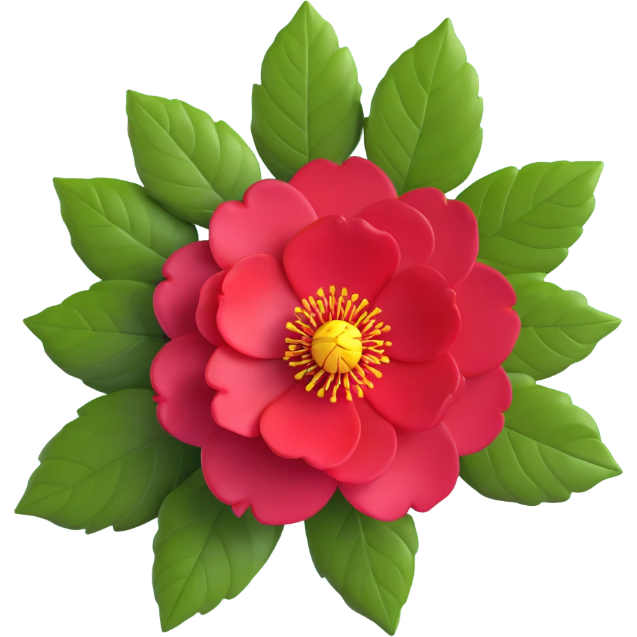 Detailed camellia japonica (tsubaki) flower with rich red formal double form petals, yellow stamens and shiny evergreen leaves emoji