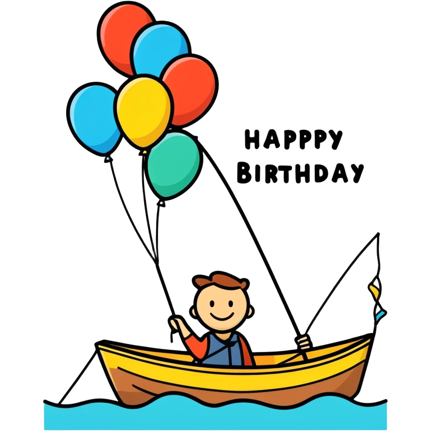 A man in a boat with a fishing pole with balloons and a happy birthday sign in the background emoji