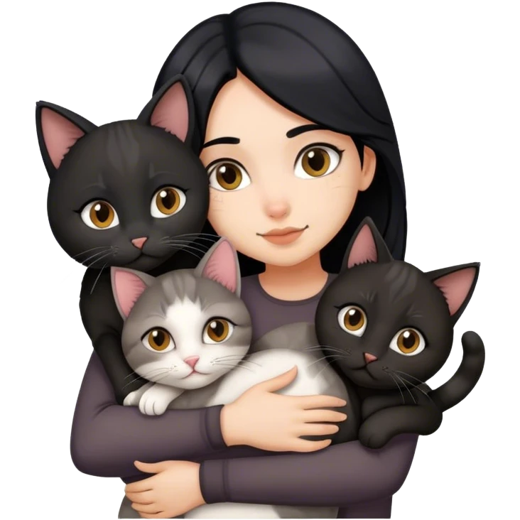 girl with black hair hugging three cats  (black cat, gray cat, brown calico cat) emoji