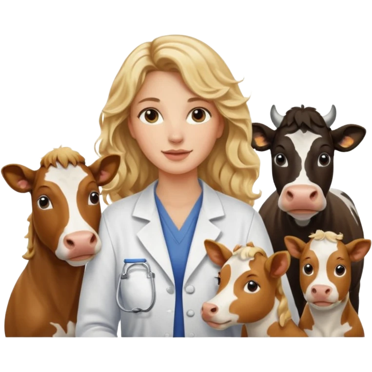 Joven mujer, de cabello bajo los hombros rubio con ondas, veterinaria de perros, vacas y caballos emoji