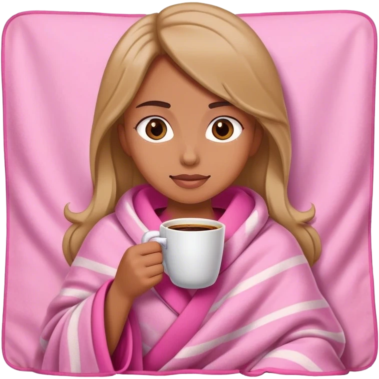 girl wearing pink blanket having coffee emoji