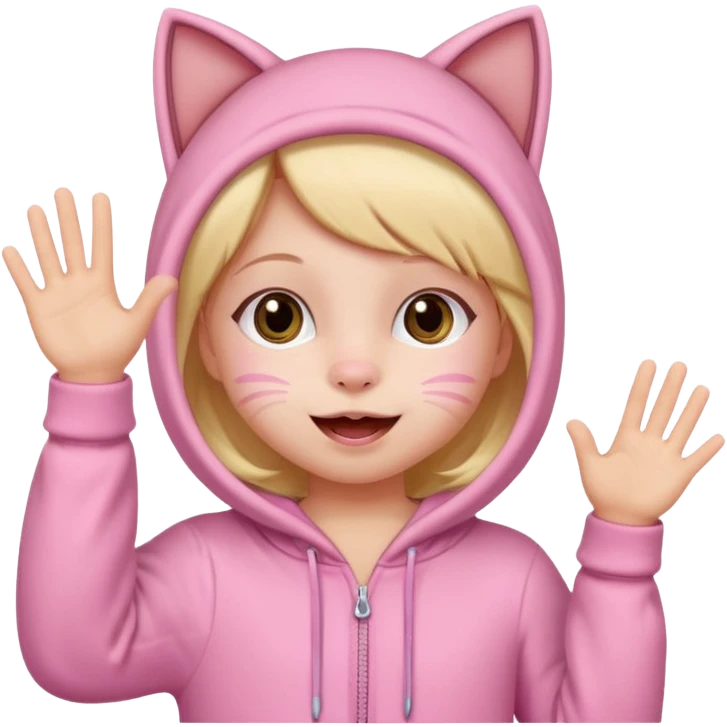 little Girl kid in pink cat onesie waving happily emoji