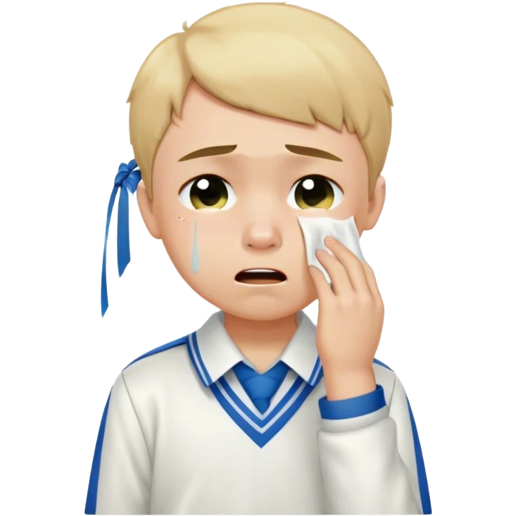 Create an emoji of a young boy student crying. He is wearing a school uniform, including a shirt and pants, and has short hair. The boy is visibly upset, with tears streaming down his face, and he is wiping his eyes with his hand. The background should be simple to emphasize his emotional state, conveying the feeling of being overwhelmed with school stress or personal struggles emoji