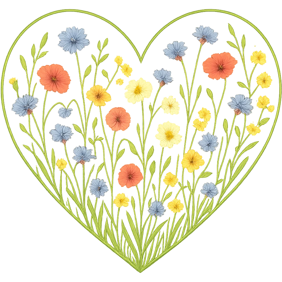 heart with a wildflower meadow theme, clean digital illustration emoji