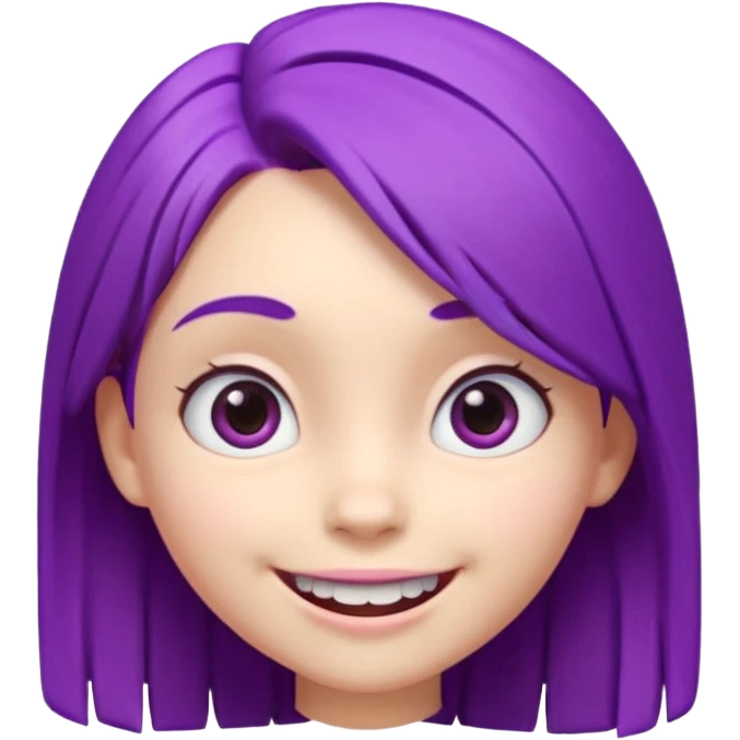 A cute 3D animated emoji character of a young girl face with vibrant purple hair. She has big expressive eyes and a wide happy smile showing teeth. The style is like a Pixar or Disney movie character, soft textures, high quality CGI render, isometric view, on a solid plain white background. emoji