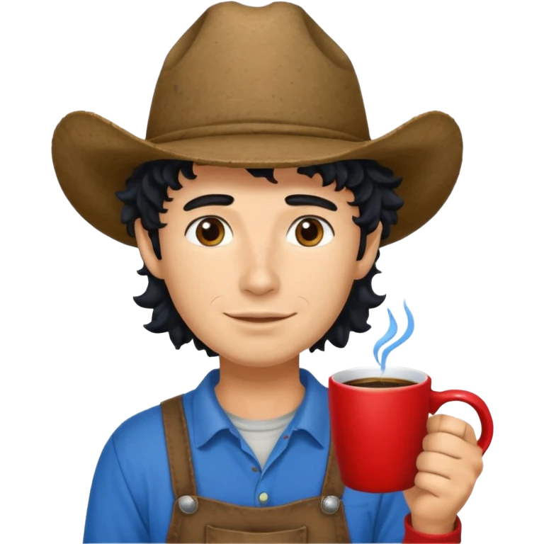 Ranch hand with blue hat and coffee mug, curly black hair, red shirt emoji