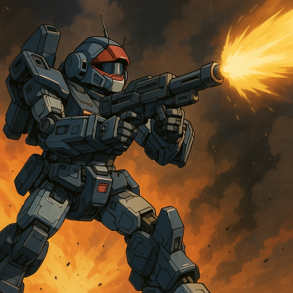 HI-METAL R Dougram, action scene, firing weapon, detailed mechanical parts, anime shading emoji