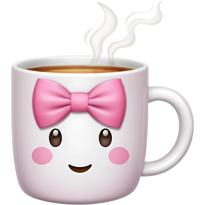 A white mug with a pink bow that contains tea emoji