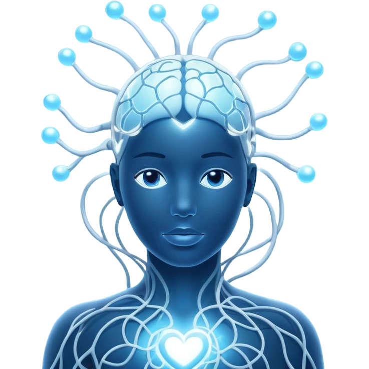 human silhouette with glowing nodes at head and heart, interconnected by flowing lines and floating orbs, soft white-blue light emoji