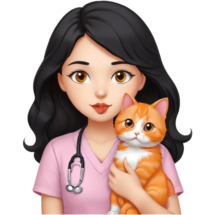 a girl with dark brown eyes and long wavy black hair wearing a short-sleeved tshirt in soft pink with a stethoscope on her neck, while doing a kissy face pose and holding her orange persian cat emoji