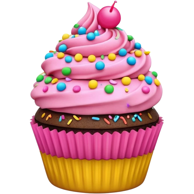 cupcake with pink icing with colorful sprinkles, chocolate cupcake base, 3D emoji style emoji