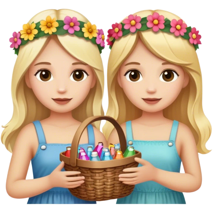 Two blonde girls wearing flower crown holding a basket full of mini bottles  emoji