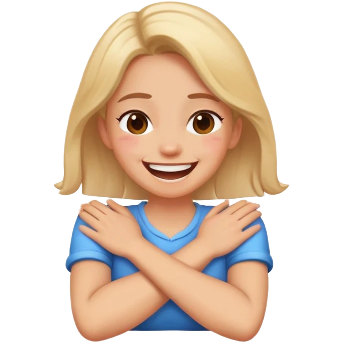 A girl with crossed arms, her hands on her neck  her self while laughing  emoji