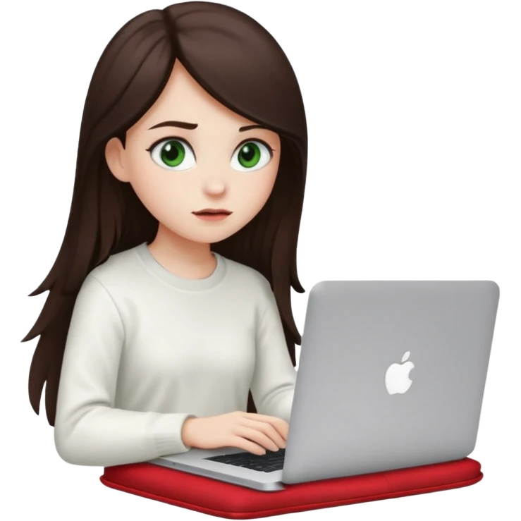 Long dark brown haired, white skinned, dark green eyed girl in white clothes girl sitting in macbook with a red case  emoji