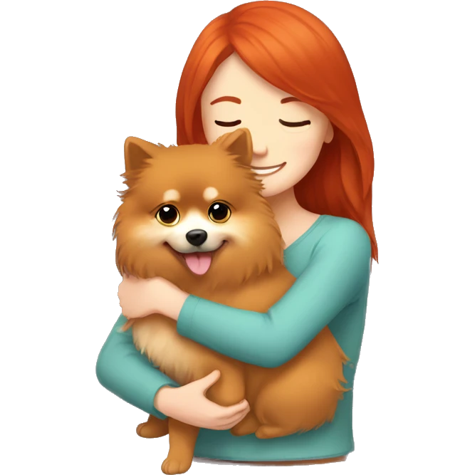 Red-haired girl hugging a Pomeranian. emoji