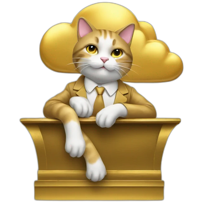 cat secretary sitting on top of the gold cloud emoji