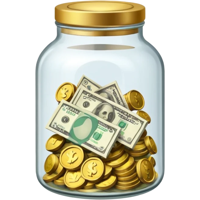 glass tip jar emoji style, simple with cash and coins emoji