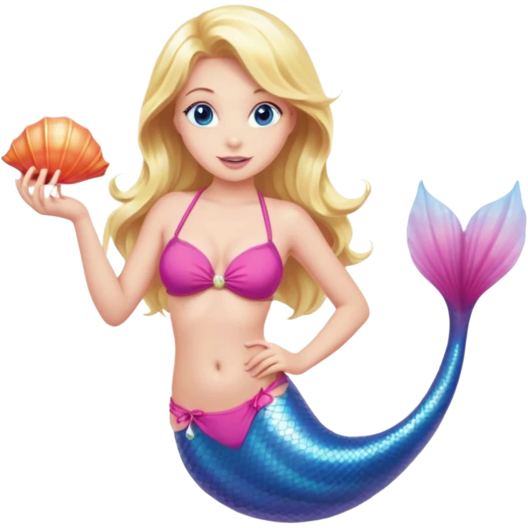 mermaid woman with blonde hair and blue eyes, a pink bikini top and an ALL pink tail holding a shell emoji