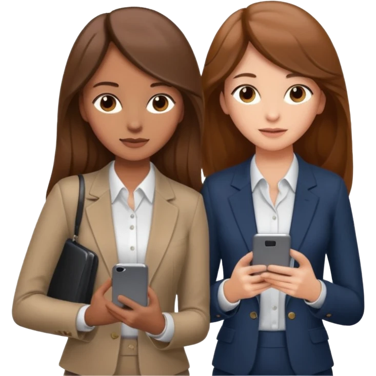 two brown haired girls, looking professional maybe leaned on each others back and looking forward and using phones, with long hair and one girl can hold lap top another one can hold the phone, professional clothes, more stylish emoji