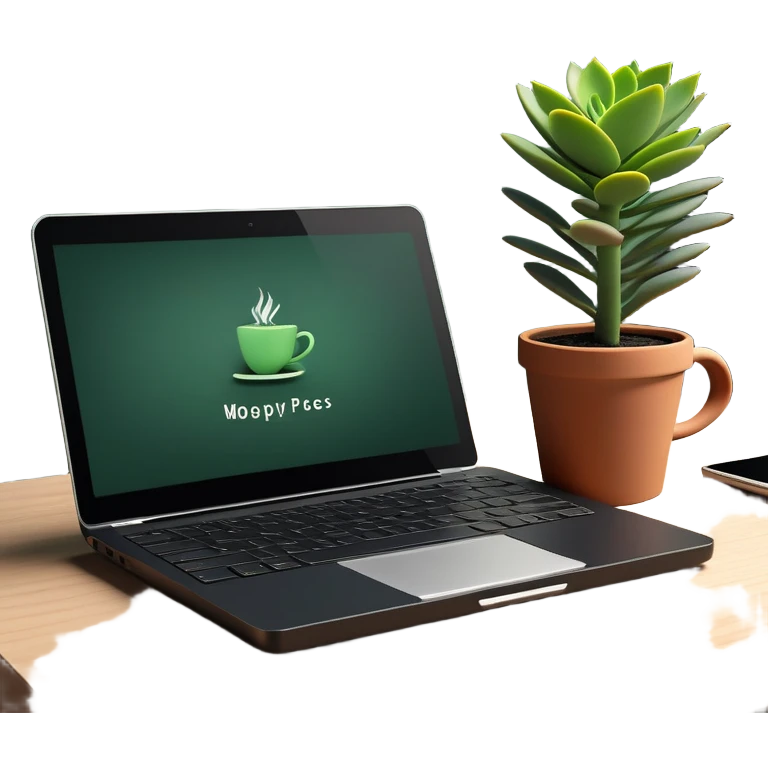 A tidy desk with a laptop, a steaming cup of coffee, and a small green potted plant, showing an organized and inspiring workspace emoji