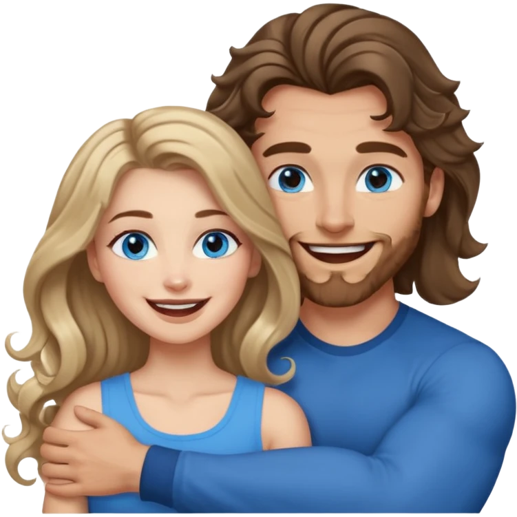 Women with blue eyes and very long, brown blond balayage curled hair in the arms of a man with strong arms a straight face, a very sexy man blue eyes. They are laughing at each other. He has dark brown hair: A fade haircut down to skin and is light skinned  emoji