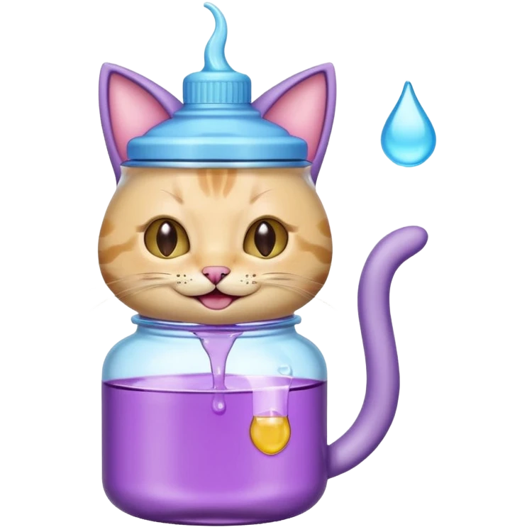 Smiling bottle of oil light purple top and light blue sticking tongue out and with cat ears emoji